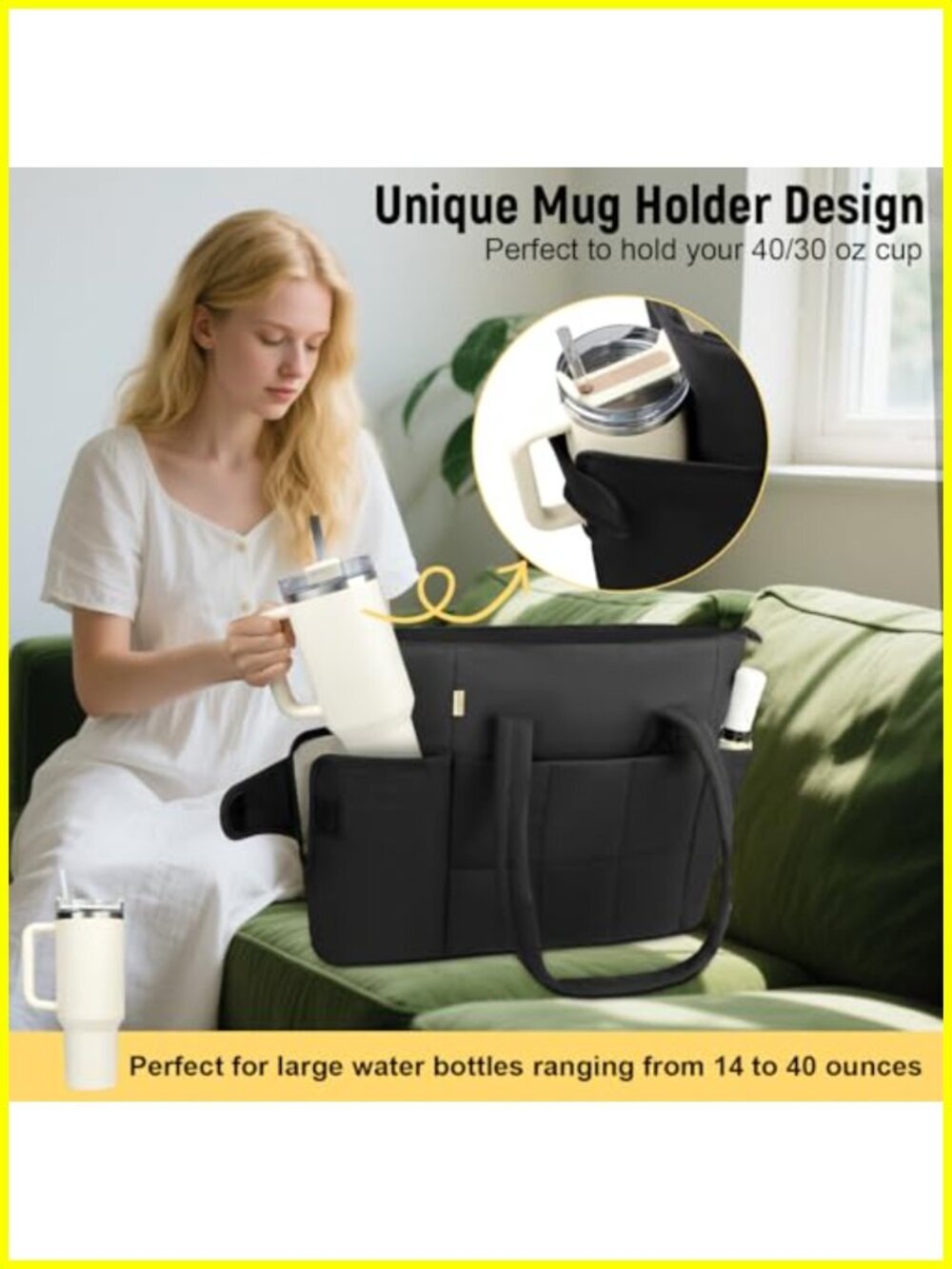 Puffer Tote Bag with Laptop Compartment & Cup Holder for Women - Picture 2 of 5